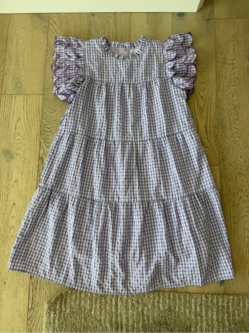 Shop the Mint Girls Gingham Dress with Scallopped Sleeve Purple Size 14/16